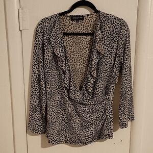 New York & Company Black and White Ruffled Wrap Blouse